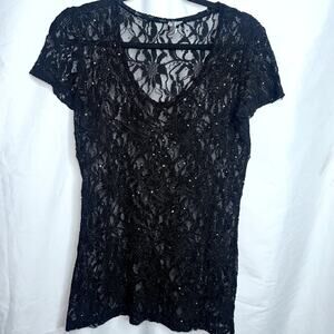 BKE Womens Size Large Black Lace Brown Sequin Short Sleeve Shirt